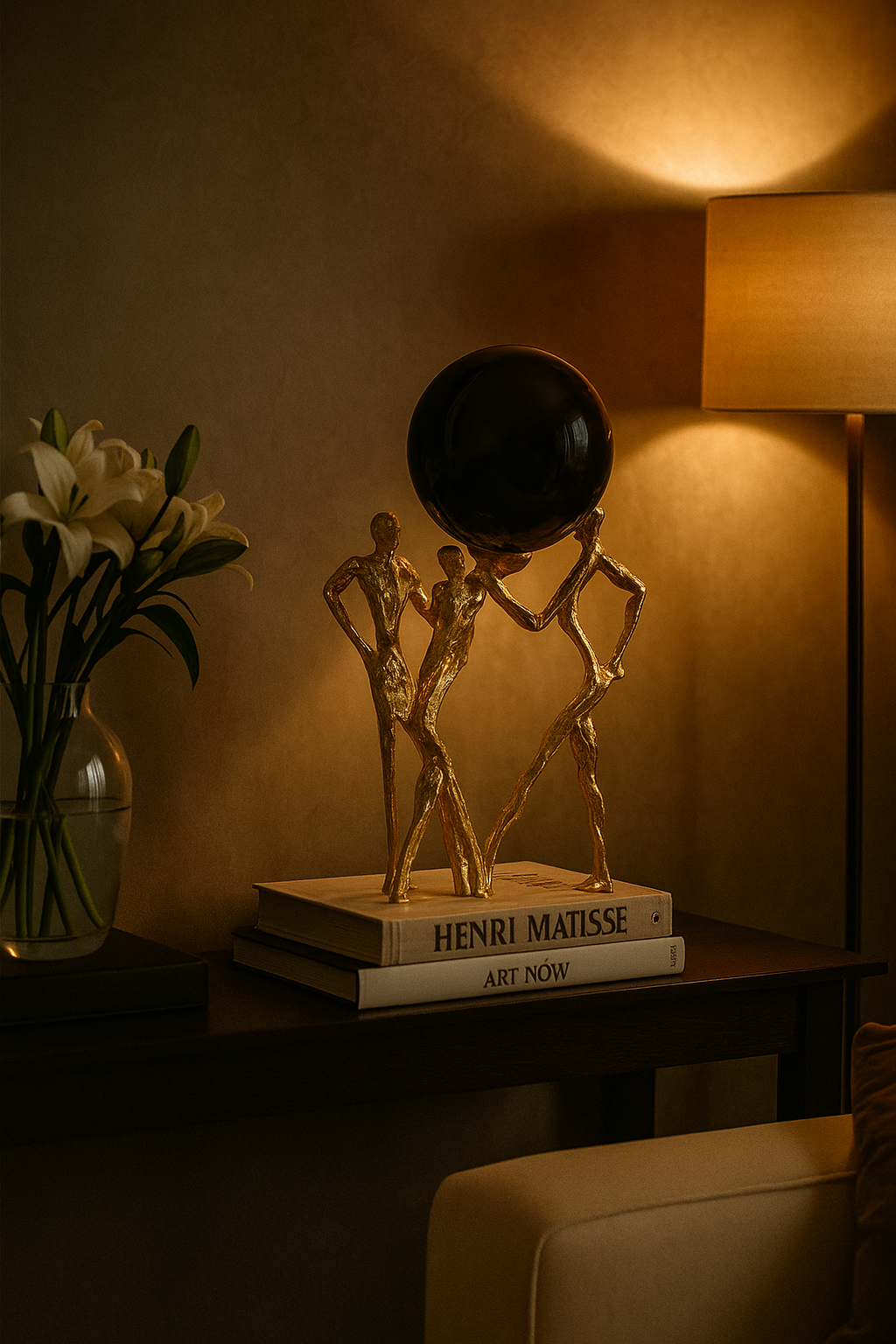 Golden Abstract Trio Sculpture with Black Sphere