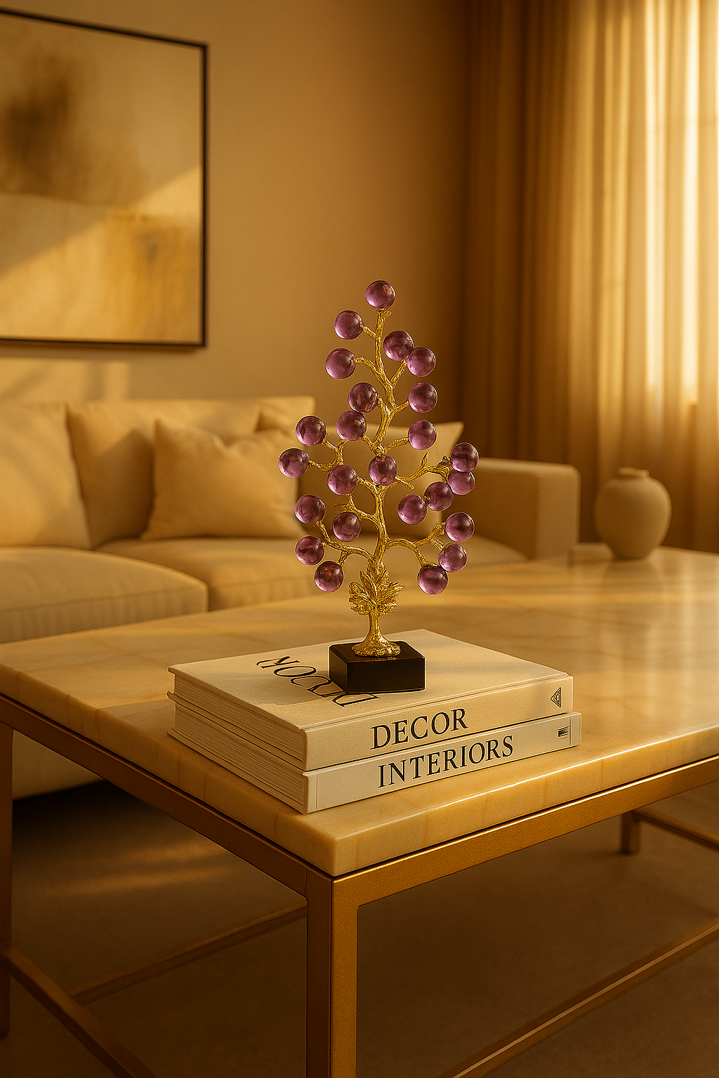 Crystal Gem Tree with Golden Branches & Marble Base – Purple Accents
