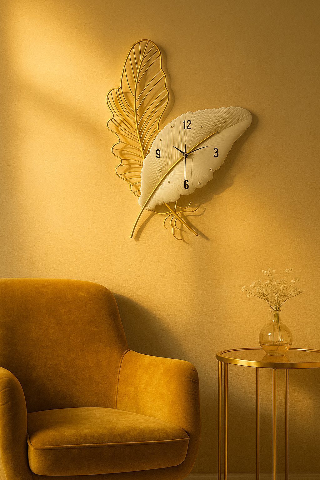 Ethereal Leaf Wall Clock – White & Gold Elegance