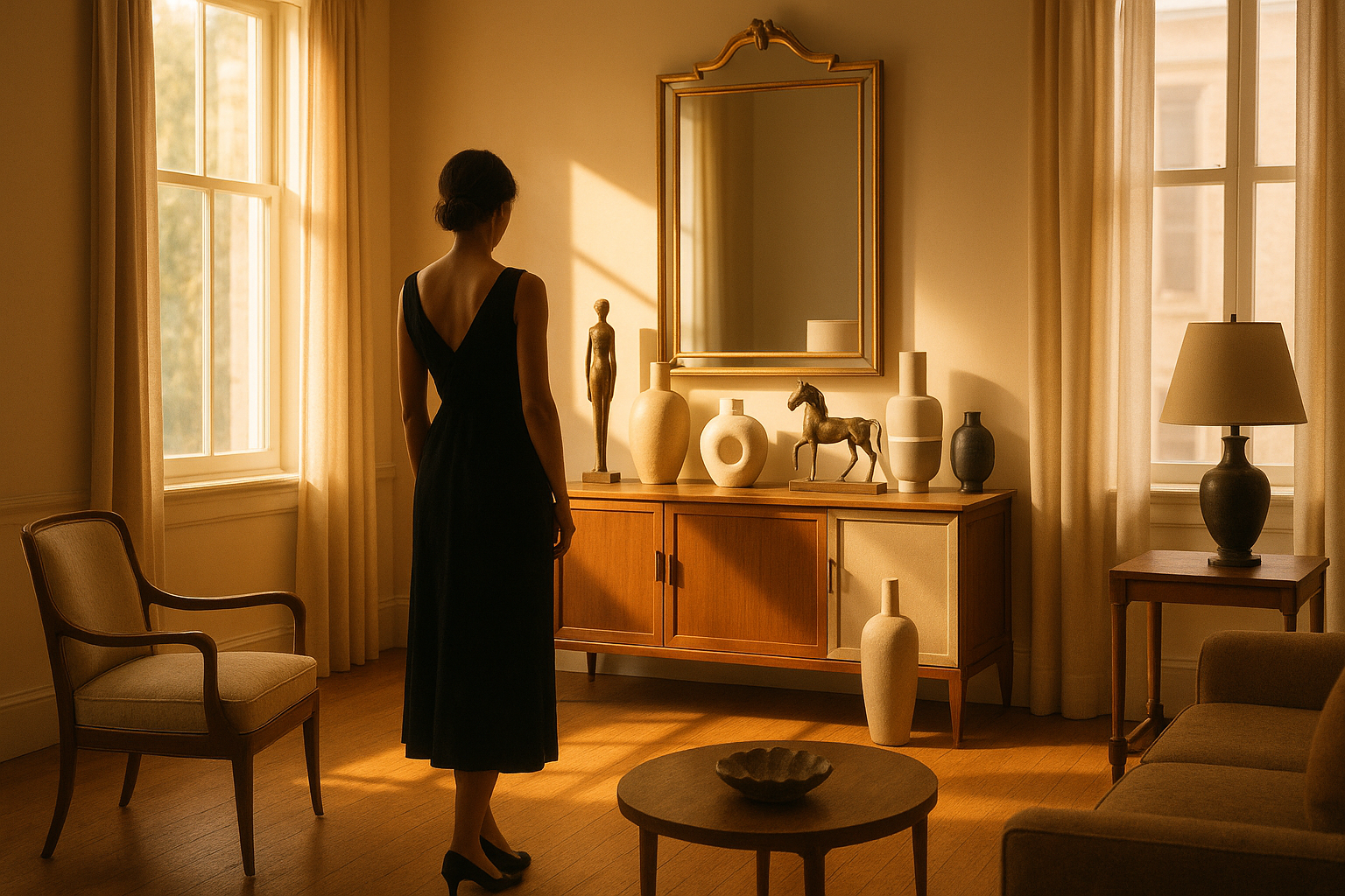 Generate a picture of antique but modern decor pieces with sunlight in the room and a woman standing with her back looking at them