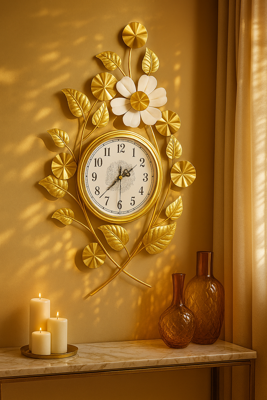Golden Blossom Wall Clock